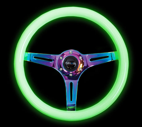NRG Classic Wood Grain Steering Wheel (350mm) Glow-N-The-Dark Green Grip w/Neochrome 3-Spoke Center ST-015MC-GL