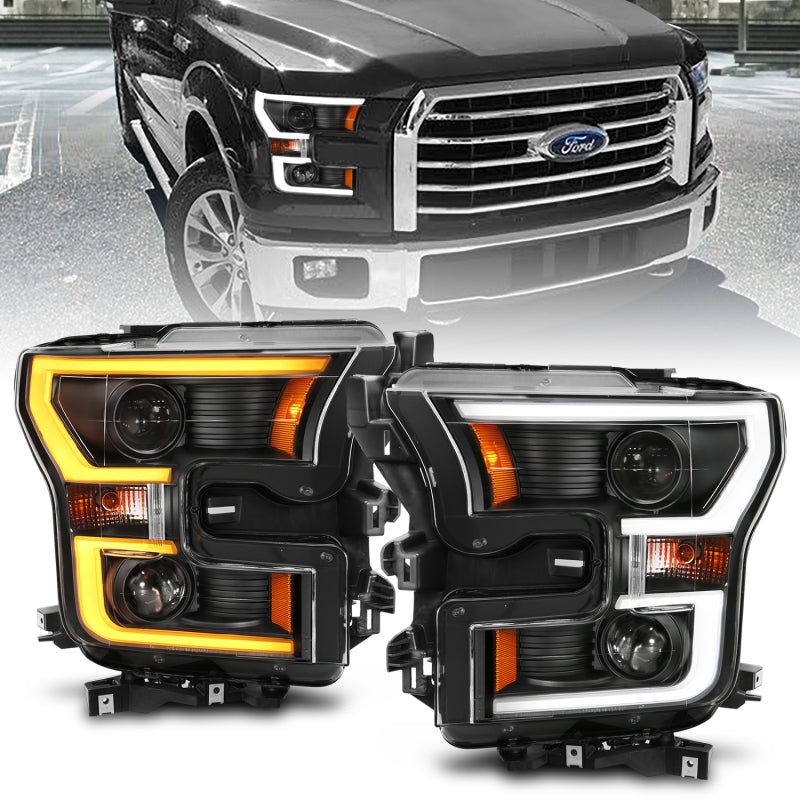 ANZO 2015-2017 Ford F-150 Projector Headlights w/ Plank Style Switchback Black w/ Amber 111357