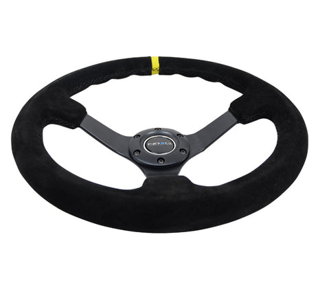 NRG Reinforced Steering Wheel (350mm / 3in. Deep) Blk Suede/X-Stitch w/5mm Blk Spoke & Yellow CM RST-036MB-S-Y
