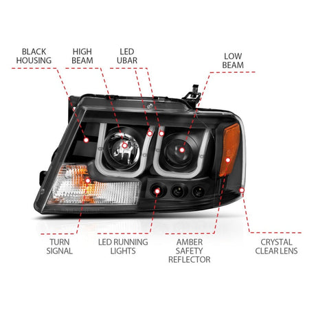 ANZO 2004-2008 Ford F-150 Projector Headlights w/ U-Bar Black 111288