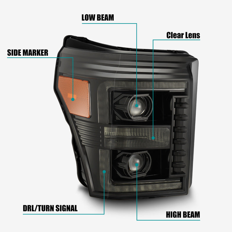 AlphaRex 11-16 Ford F-350 SD LUXX LED Proj Headlights Plank Style Alpha Blk w/Activ Light/Seq Signal 880143