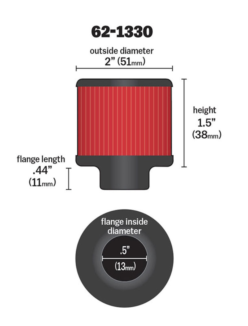 K&N Clamp On Rubber Base Crankcase Vent Filter 0.5in Flange ID 2in OD 1.5in Height 62-1330