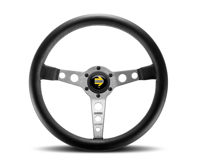 Momo Prototipo Steering Wheel 350 mm - Black Leather/Wht Stitch/Brshd Spokes PRO35BK0S