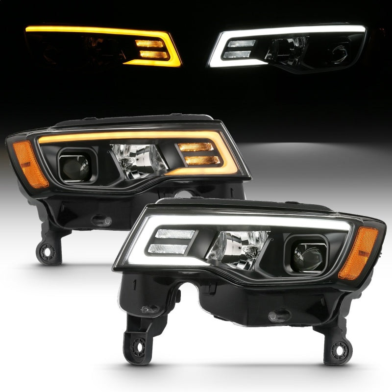 ANZO 2017-2018 Jeep Grand Cherokee Projector Headlights w/ Plank Style Switchback - Black w/ Amber 111418