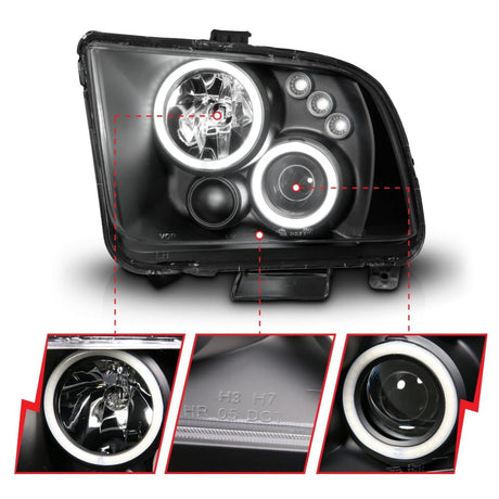 ANZO 2005-2009 Ford Mustang Projector Headlights w/ Halo Black 121166