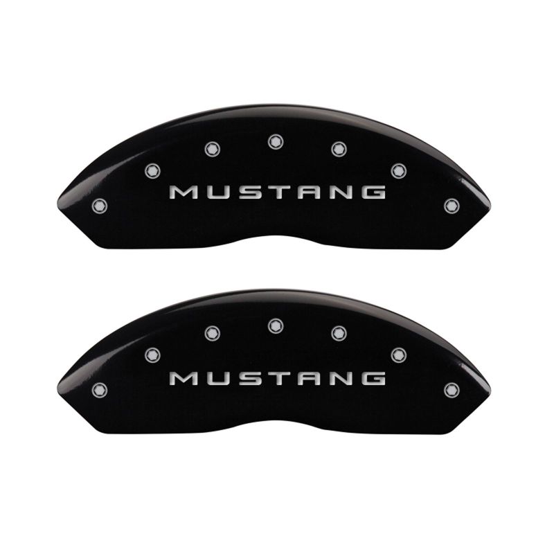 MGP 4 Caliper Covers Engraved Front Mustang Engraved Rear 50 Black finish silver ch 10198SM50BK