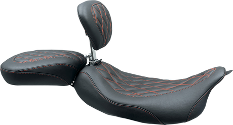 MUSTANG Wide Tripper Solo Seat - w/ Drivers Backrest - Black w/ American Beauty Red Stitching 79727AB