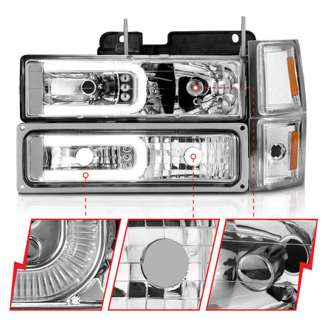 ANZO 88-98 Chevrolet C1500 Crystal Headlights w/Light Bar Chrome Housing w/ Signal Side Markers 8Pcs 111529