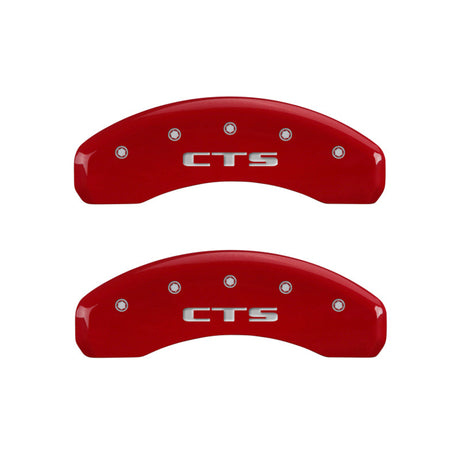MGP 4 Caliper Covers Engraved Front Cursive/Cadillac Engraved Rear CTS Red finish silver ch 35013SCTSRD