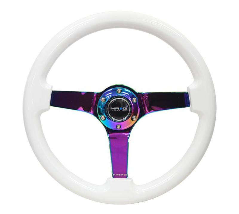 NRG Reinforced Steering Wheel (350mm / 3in. Deep) Classic White w/4mm Neochrome Solid 3-Spoke RST-036WT-MC