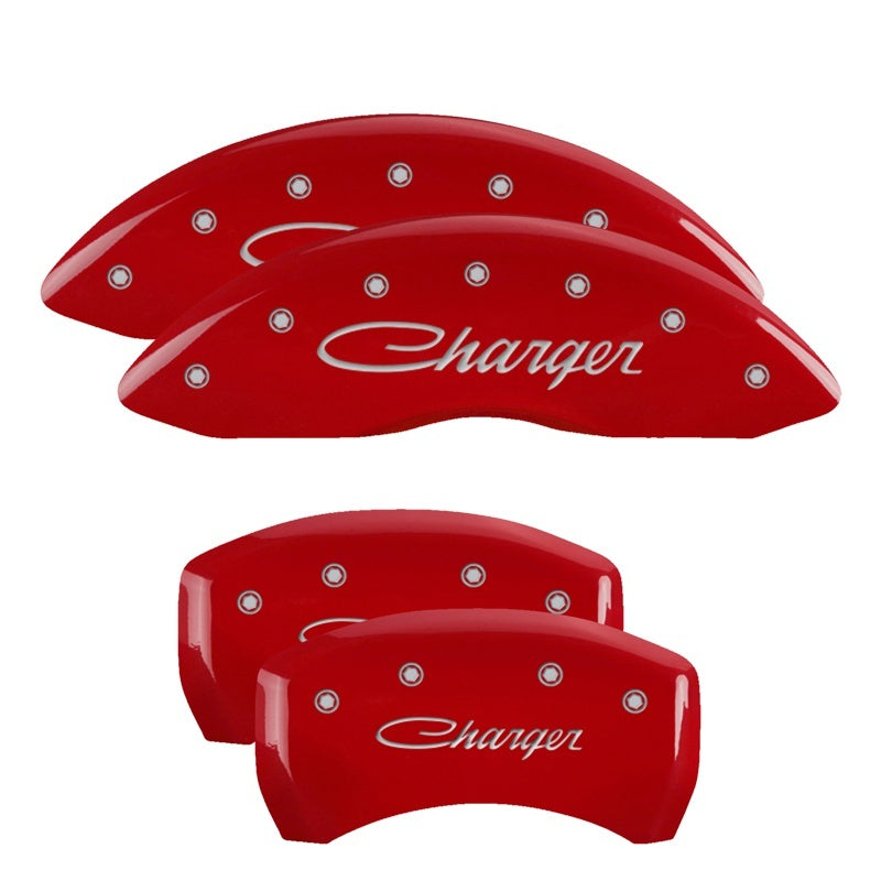 MGP 4 Caliper Covers Engraved Front Cursive/Challenger Engraved Rear RT Red finish silver ch 12001SCLRRD