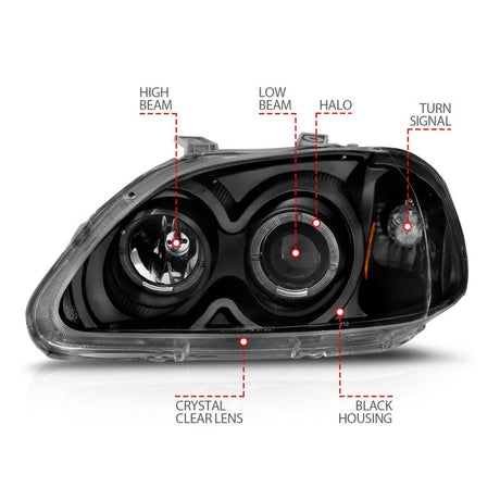 ANZO 1996-1998 Honda Civic Projector Headlights w/ Halo Black 121068