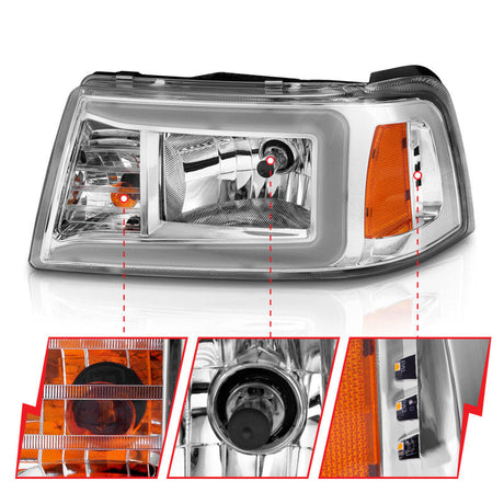 ANZO 2001-2011 Ford Ranger Crystal Headlights w/ Light Bar Chrome Housing 111512