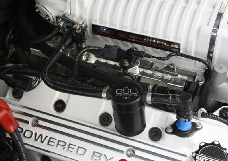 J&L 07-14 Ford Mustang GT500 Passenger Side Oil Separator 3.0 - Black Anodized 3012P-B