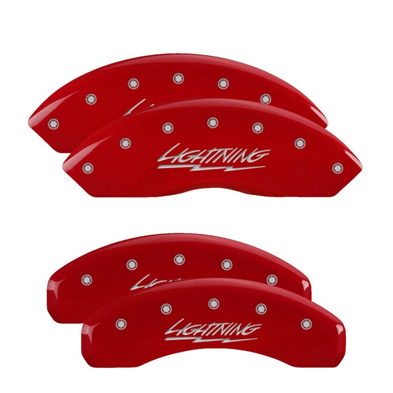 MGP 4 Caliper Covers Engraved Front & Rear Lightning Red finish silver ch 10021SLTGRD