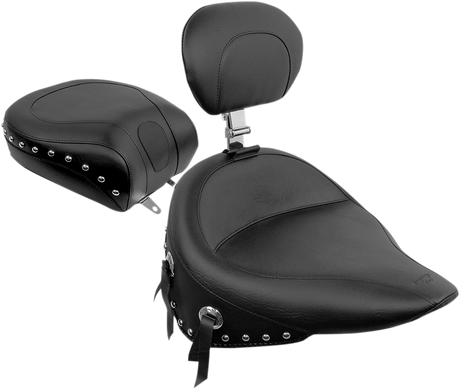 MUSTANG Wide Solo Seat - With Backrest - Black - Studded W/Concho - Softail '84-'99 79104