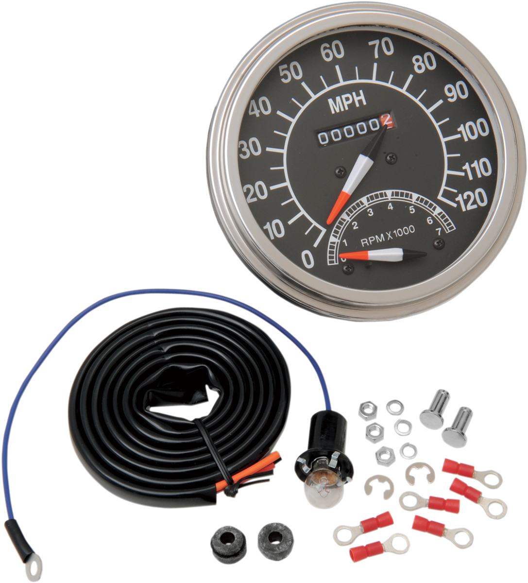 ESPECIALIDADES DE ARRASTRE Velocímetro 2:1 estilo FL MPH de 5" con tacómetro - Cara negra '68-'84 SIN PERILLA DE REINICIO 72418M