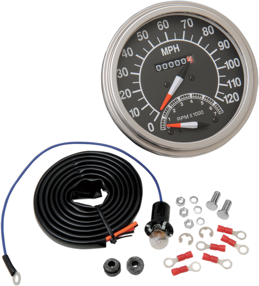 DRAG SPECIALTIES 5" MPH FL-Style 2:1 Speedometer with Tach - '68-'84 Black Face NO RESET KNOB 72418M