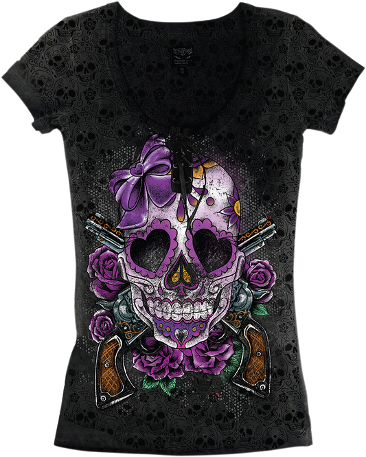 LETHAL THREAT Women's Day of the Dead Gun T-Shirt - Small LA20612S