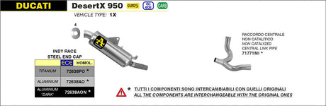 IN STOCK Arrow Indy Race Slip-on Exhaust, Aluminum for Ducati DesertX 950 2022-2024 72638AO