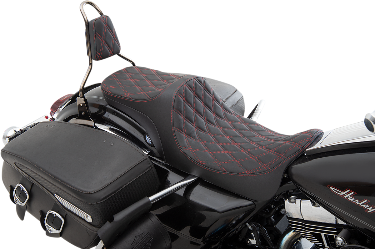 DRAG SPECIALTIES Asiento para 2 personas Predator III - Doble diamante - Hilo rojo 0801-1306