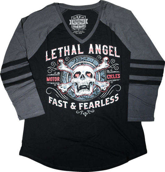 LETHAL THREAT Women's Fast & Fearless Raglan Sleeve Shirt - Black/Gray - 2XL LA70203-2X