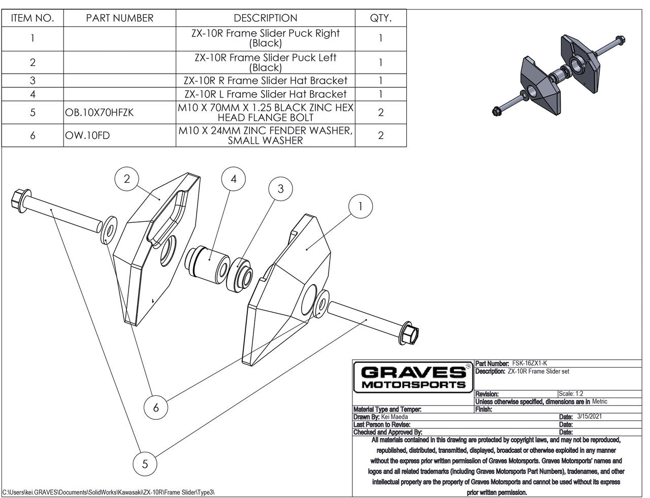 Graves Motorsports Frame Sliders For  Zx-10r 2016-2024   Fsk-16zx1-K