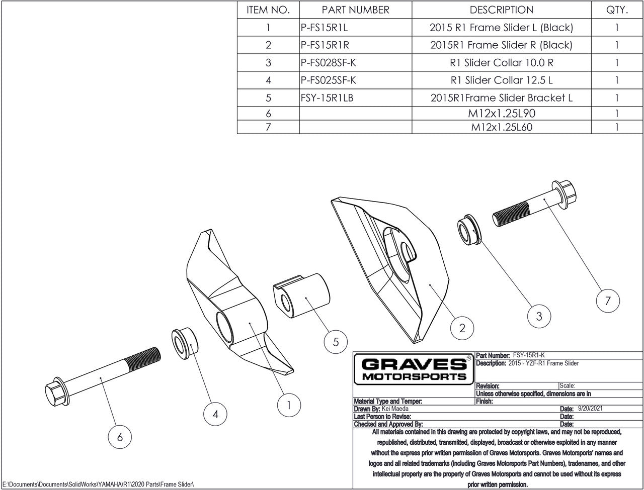 Graves Diamond Frame Saver Sliders Black  R1 / R1m / R1s 2015-2023 / Fz10 2017 / Mt-10 Fsy-15r1-K