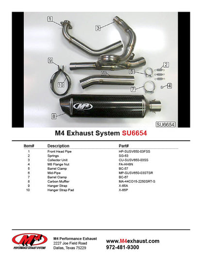 Sistema completo de escape M4, bote de fibra de carbono 2003 SV 650 SU6654