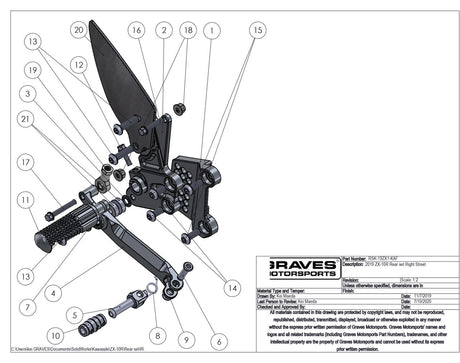 Graves Motorsports WORKS Kawasaki ZX-10R / ZX-10RR Adjustable Rearsets  W-RSK-19ZX1-KAF