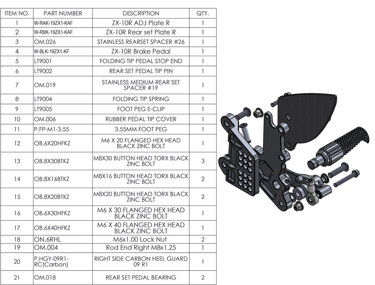 Graves Motorsports WORKS Kawasaki ZX-10R / ZX-10RR Adjustable Rearsets  W-RSK-19ZX1-KAF