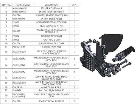Graves Motorsports WORKS Kawasaki ZX-10R / ZX-10RR Adjustable Rearsets  W-RSK-19ZX1-KAF