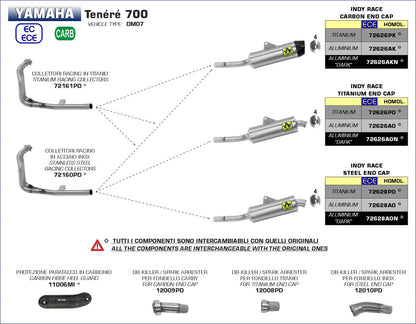 Arrow Yamaha Tenere  700  2019-2024 Homologated Indy Race Aluminum Exhaust With Welded Link Pipe 72628ao