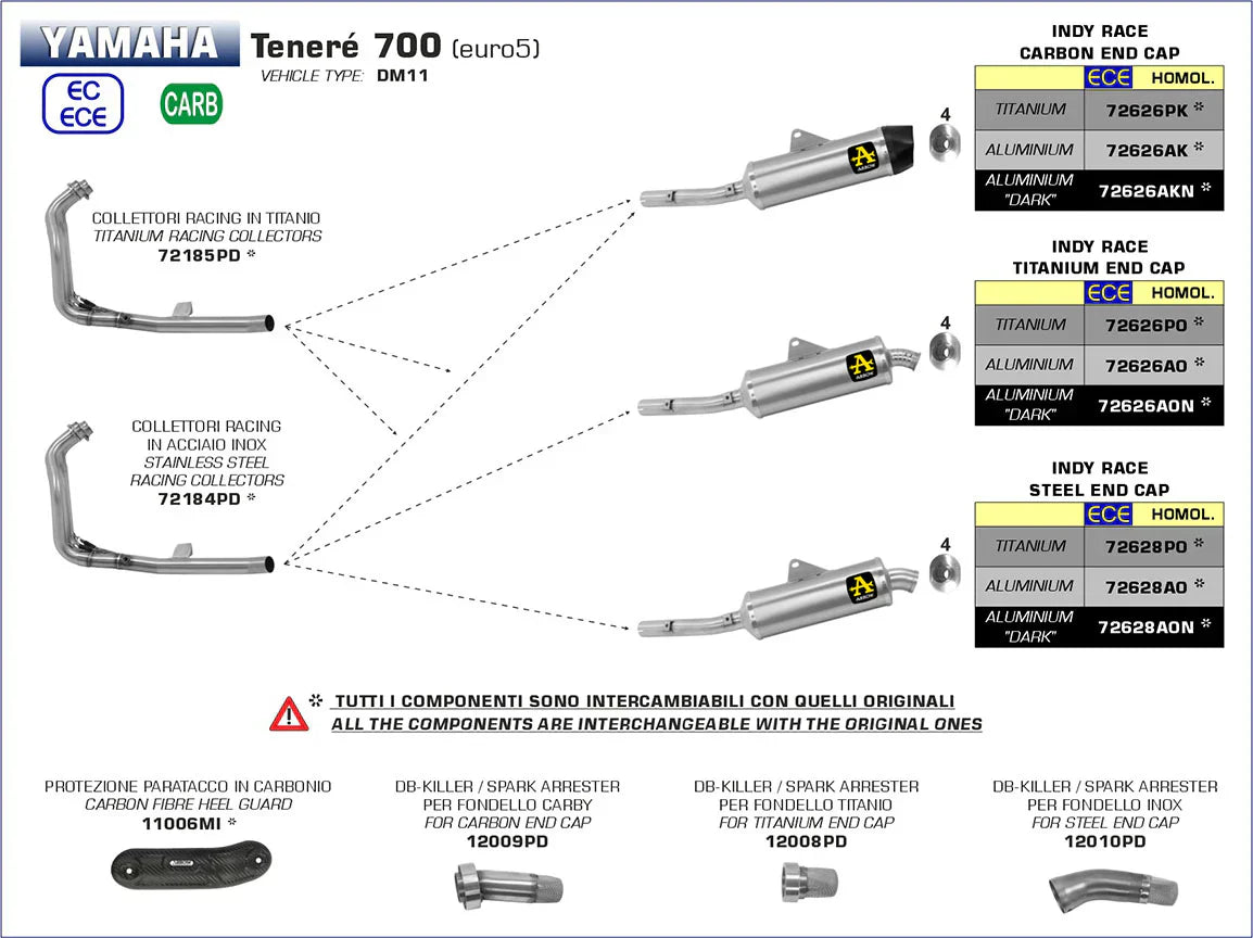 Arrow Yamaha Tenere 700 '19 Homologada Indy Race Tit. Escape Con Tubo De Enlace Soldado Y Tapa De Carby Para Colectores Originales 72626pk