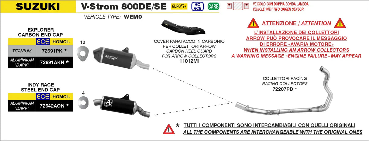 Arrow  Suzuki V-Strom 800de/Se E5+ 2025 Stainless Steel Collectors - 72207pd