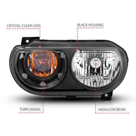 ANZO 2008-2014 Dodge Challenger Crystal Headlights Black 121526