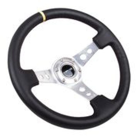 NRG Reinforced Steering Wheel (350mm / 3in. Deep) Blk Leather w/Circle Cut Spokes & Single Yellow CM RST-006SL-Y