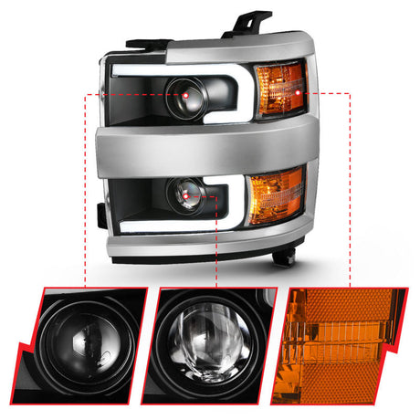ANZO 2015-2016 Chevrolet Silverado Projector Headlights w/ Plank Style Design Black w/ Amber 111359