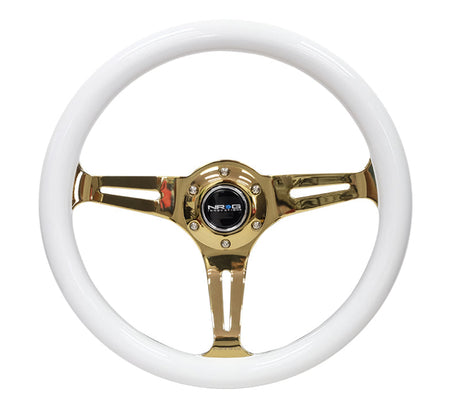 NRG Classic Wood Grain Steering Wheel (350mm) White Grip w/Chrome Gold 3-Spoke Center ST-015CG-WT