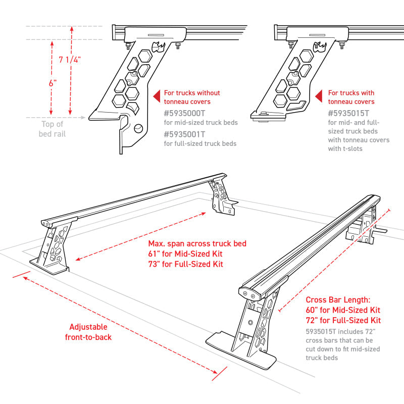 Go Rhino 15-22 Ford F-150 / 07-21 Toy. Tundra XRS Cross Bars Kit - Tex Blk (Attch Tonneau Cvr T-Trk) 5935015T
