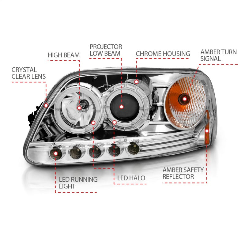 ANZO 1997.5-2003 Ford F-150 Projector Headlights w/ Halo and LED Chrome 1pc 111032