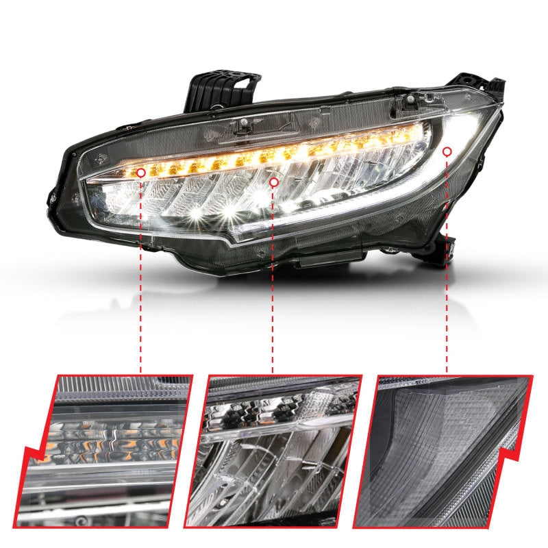 ANZO 16-17 Honda Civic Projector Headlights Plank Style Black w/Amber/Sequential Turn Signal 121527