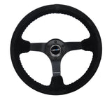 NRG Reinforced Steering Wheel (350mm / 3in. Deep) Blk Suede/Blk Bball Stitch w/5mm Matte Black Spoke RST-036MB-S-BK