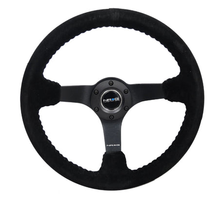 NRG Reinforced Steering Wheel (350mm / 3in. Deep) Blk Suede/Blk Bball Stitch w/5mm Matte Black Spoke RST-036MB-S-BK