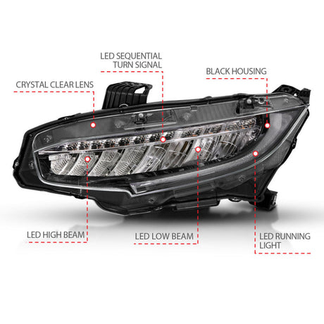 ANZO 16-17 Honda Civic Projector Headlights Plank Style Black w/Amber/Sequential Turn Signal 121527