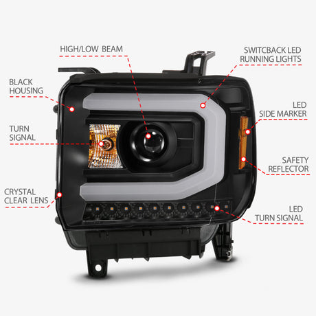 ANZO GMC SIERRA 1500 14-15 2500H/15-19 Projector Headlight Plank Style Black w/ Switchback (Halogen) 111487