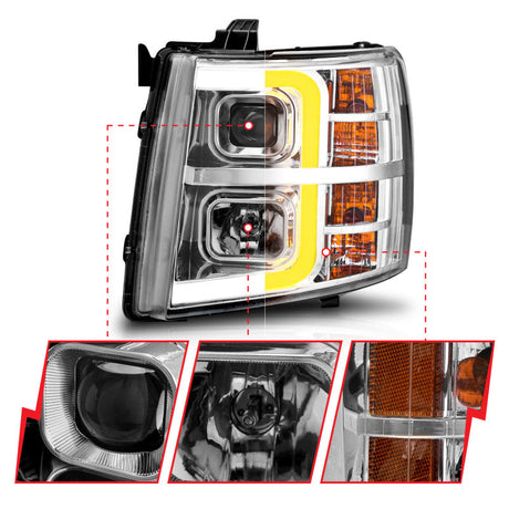 ANZO 2007-2013 Chevrolet Silverado 1500 Projector w/ Light Bar Chrome Housing w/ Sequential 111546