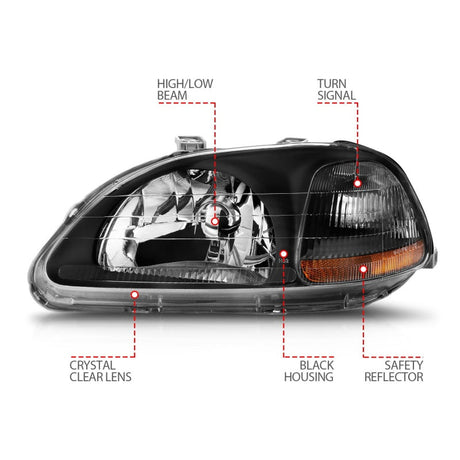 ANZO 1996-1998 Honda Civic Crystal Headlights Black 121067