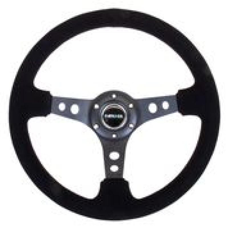 NRG Reinforced Steering Wheel (350mm / 3in. Deep) Blk Suede/Blk Stitch w/Black Circle Cutout Spokes RST-006-S