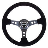 NRG Reinforced Steering Wheel (350mm / 3in. Deep) Blk Suede/Blk Stitch w/Black Circle Cutout Spokes RST-006-S